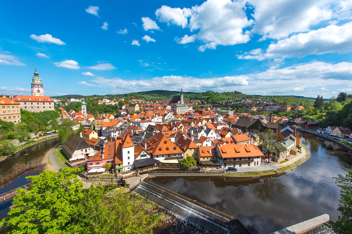 Cesky Krumlov city from aerial view with river in perfect sunny