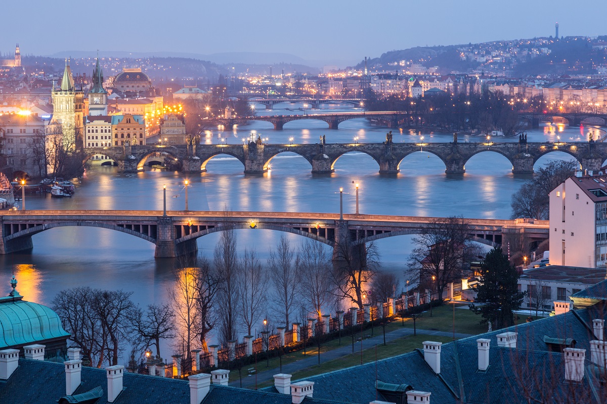 Prague at Twilight, view of Bridges on Vltava