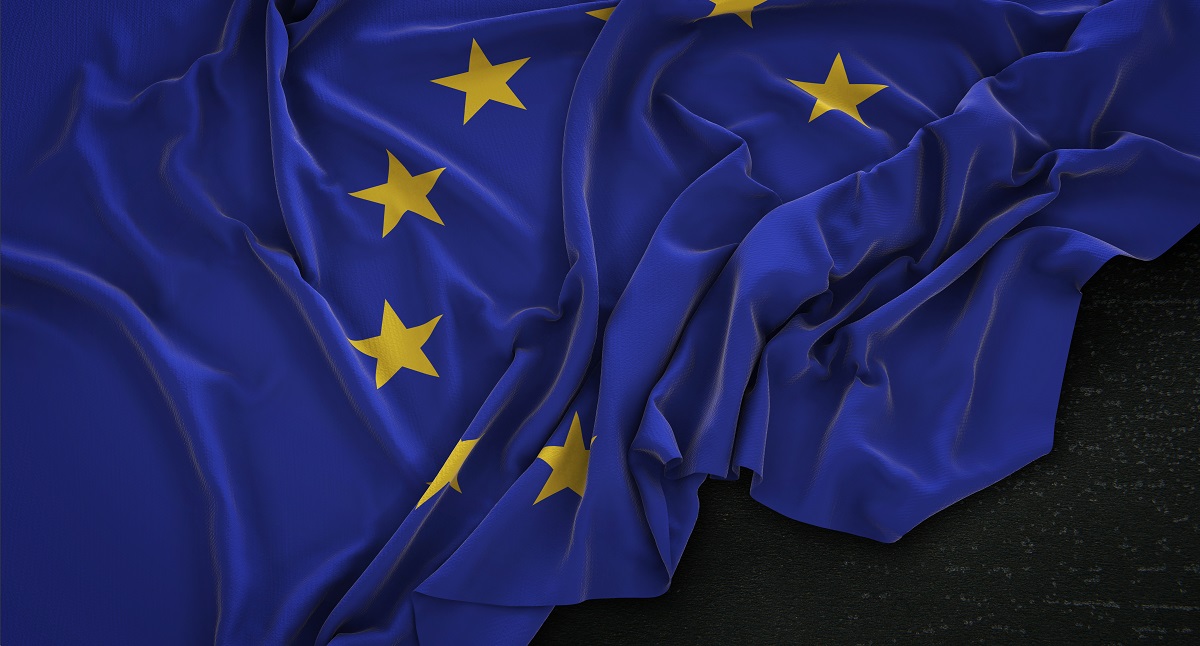 European Flag Wrinkled On Dark Background 3D Render