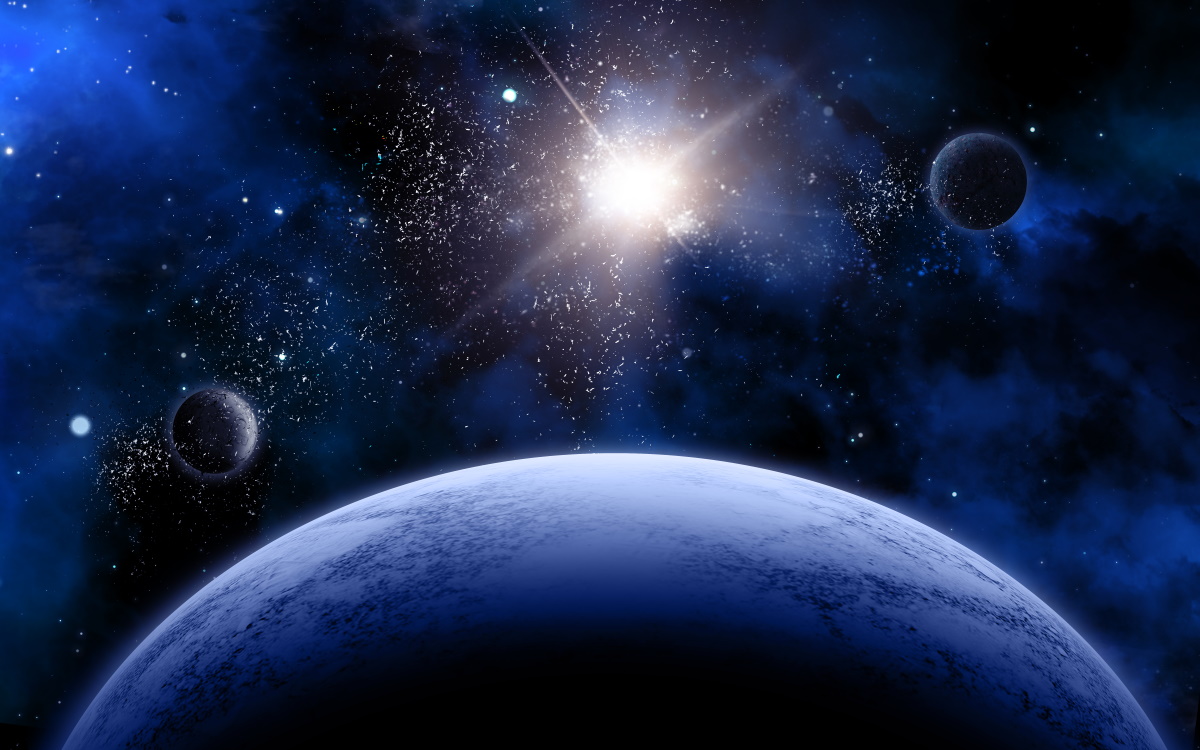 3D space scene with fictional planets and stars
